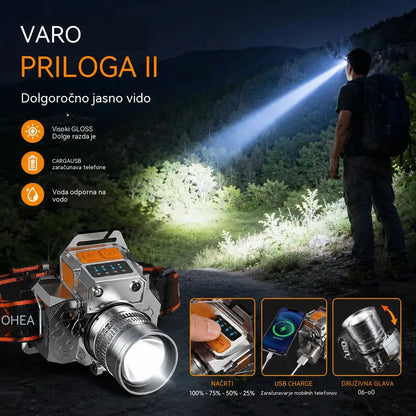 Ultra svetla LED-naglavna svetilka z dolgim dosegom: nastavljiv zoom, polnjenje prek USB-ja in možnost polnjenja telefona.