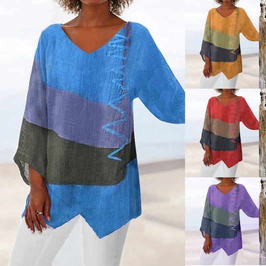 ⏳ Zadnji dan – 50% popust 😍【S~5XL】Ženski eleganten casual top: V-izrez, dolgi rokavi, umetniški vzorec