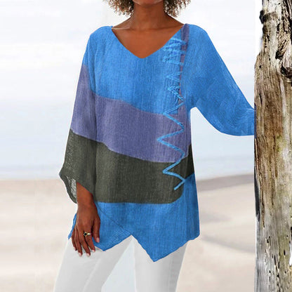 ⏳ Zadnji dan – 50% popust 😍【S~5XL】Ženski eleganten casual top: V-izrez, dolgi rokavi, umetniški vzorec