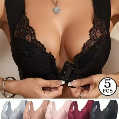 💖【5-delni komplet】【40-100 kg】😍Dvignjen modrček, nežen čipkast hrbet, dizajn za večje velikosti, zapenjanje spredaj