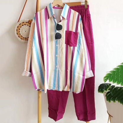 🔥🌸【S-5XL】Nowy wiosenny komplet w paski, dwuczęściowy komplet z długimi rękawami i spodniami.