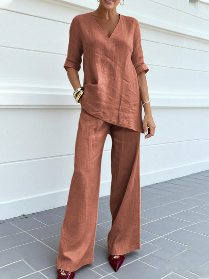 ❤️ 💥【40-100kg】2026 Bawełniano-lniany top w jednolitym kolorze z krótkimi rękawami, dekoltem w serek + proste spodnie casualowe ✅️Płatność przy odbiorze