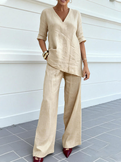 ❤️ 💥【40-100kg】2026 Bawełniano-lniany top w jednolitym kolorze z krótkimi rękawami, dekoltem w serek + proste spodnie casualowe ✅️Płatność przy odbiorze