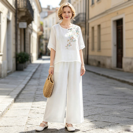 ✨👚【S–4XL】Damski zestaw dwuczęściowy w stylu casual z bawełny i lnu — Top z kołnierzykiem we wzory + Spodnie z szerokimi nogawkami