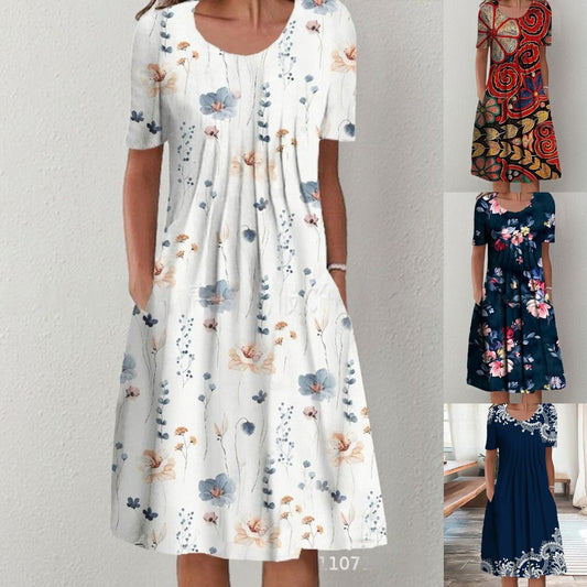 【S-5XL】 🌺🌺 Modna tiskana obleka z okroglim vratom.