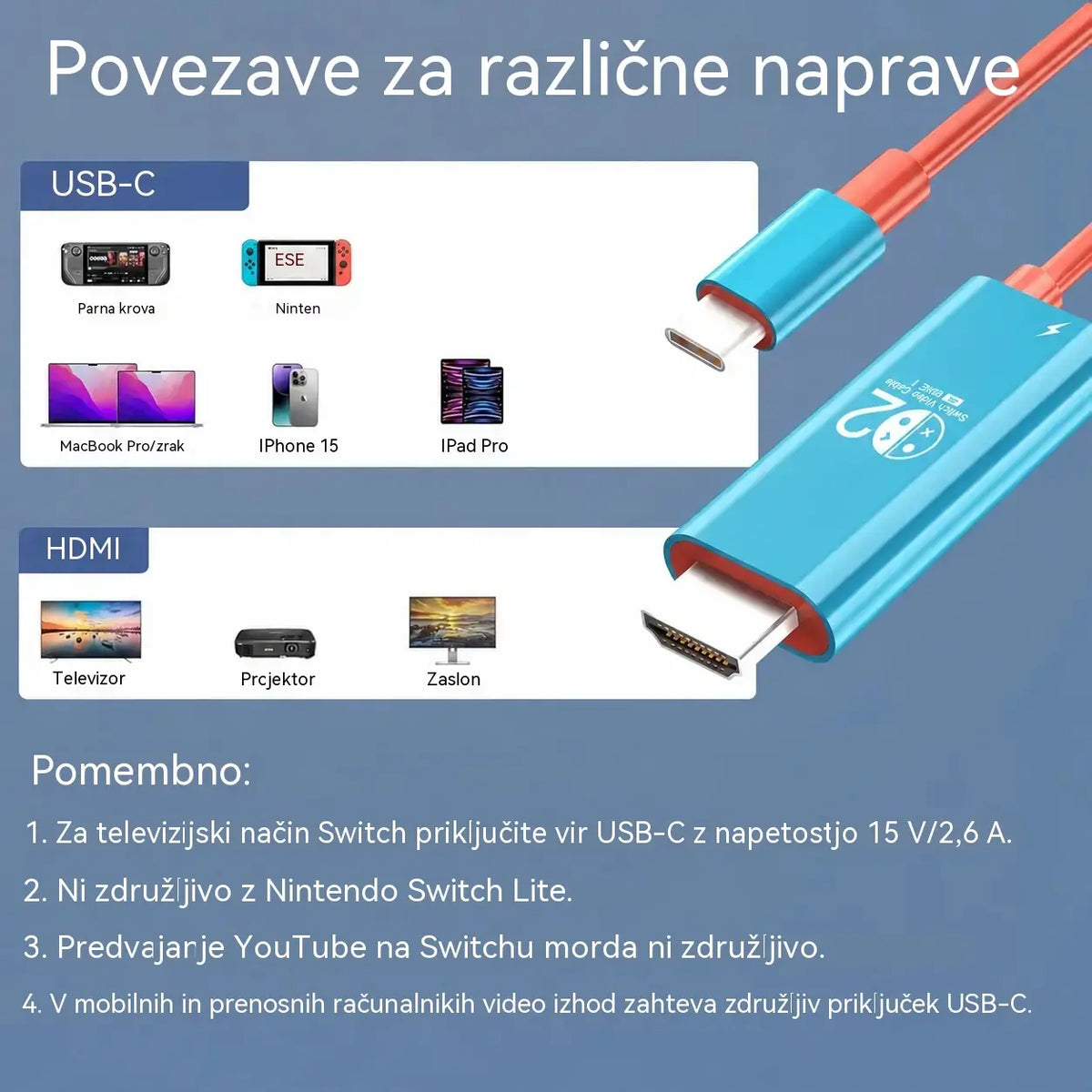 Adapterski kabel USB-C v HDMI za Switch