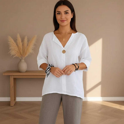 👚 【S-5XL】 Nowa damska koszula z dekoltem w serek — mieszanka bawełny i lnu, zapinana na guziki: prosta i elegancka.