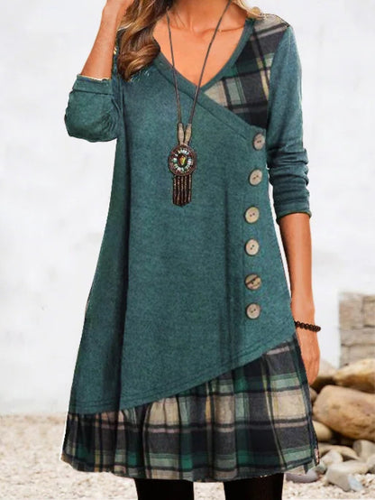 💟【Nowość na jesień i zimę】👗【S-3XL】Nowa elegancka sukienka w kratkę z dekoltem w szpic i długimi rękawami na