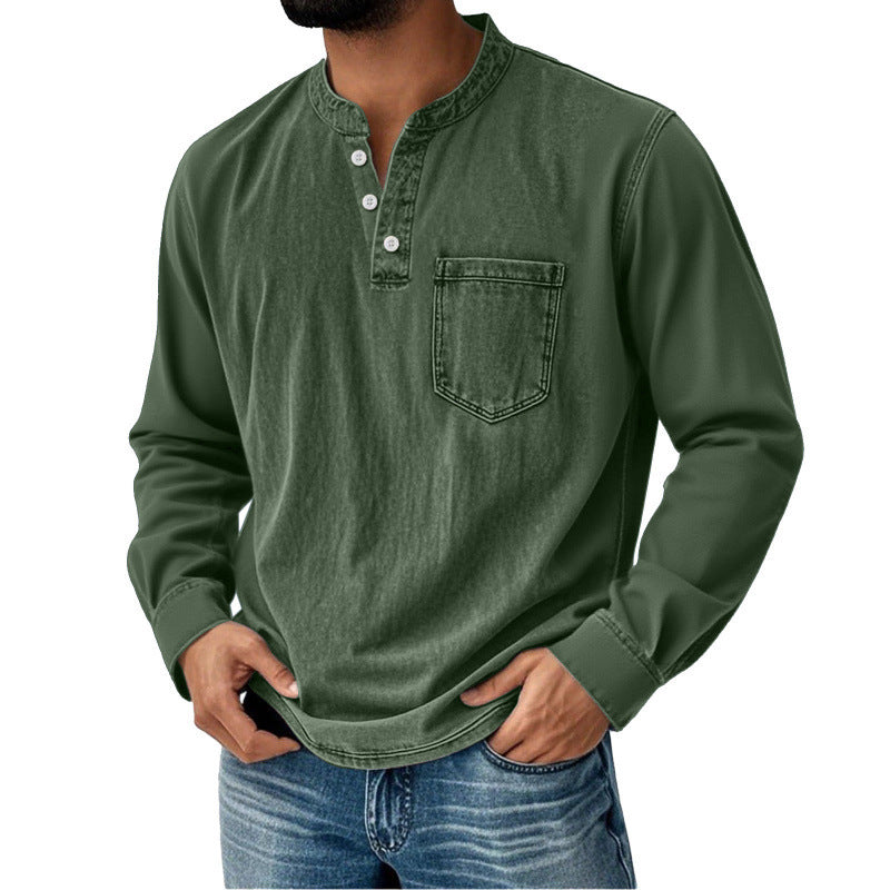 👔🔥Moška jeans srajca z dolgimi rokavi in V-izrezom, z žepom
