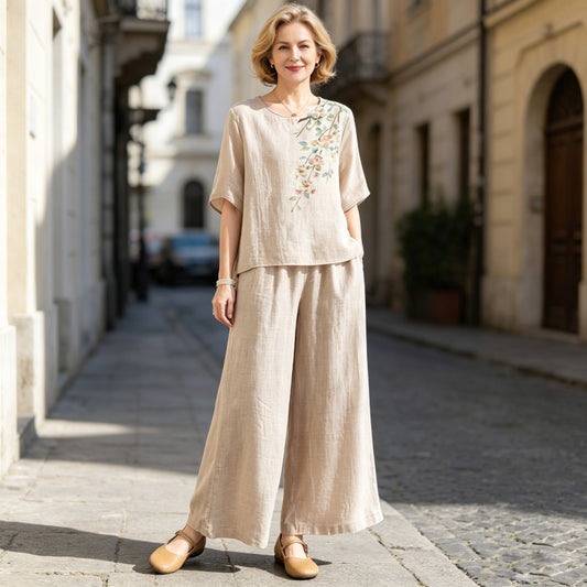 ✨👚【S–4XL】Damski zestaw dwuczęściowy w stylu casual z bawełny i lnu — Top z kołnierzykiem we wzory + Spodnie z szerokimi nogawkami