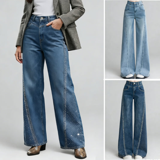 🌼【Specjalna oferta wiosenna】✨Damskie jeansy z szerokimi nogawkami i ćwiekami ze strasu