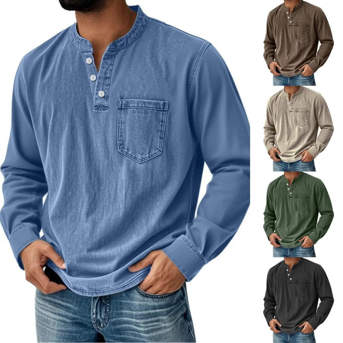 👔🔥Moška jeans srajca z dolgimi rokavi in V-izrezom, z žepom