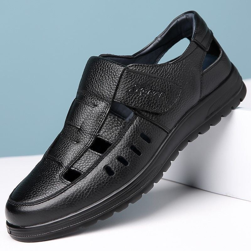 【39-45】👞Sandalias casuales antideslizantes de cuero genuino transpirables con diseño calado para hombre, colección verano 2026