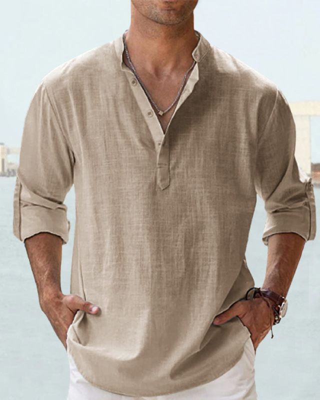 【S-5XL】Moška enobarvna srajca z dolgimi rokavi iz bombažnega perila za prosti čas