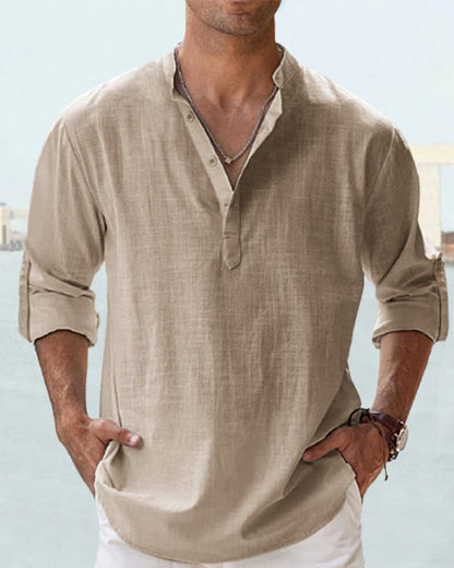 【S-5XL】Moška enobarvna srajca z dolgimi rokavi iz bombažnega perila za prosti čas