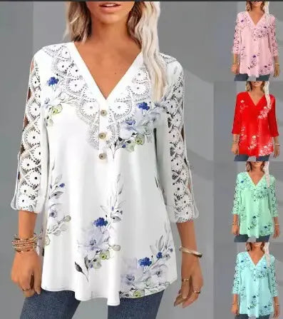🔥【M–5XL】Elegantna bluza iz čipke in šifona – izrez, 3/4 rokavi in V-izrez
