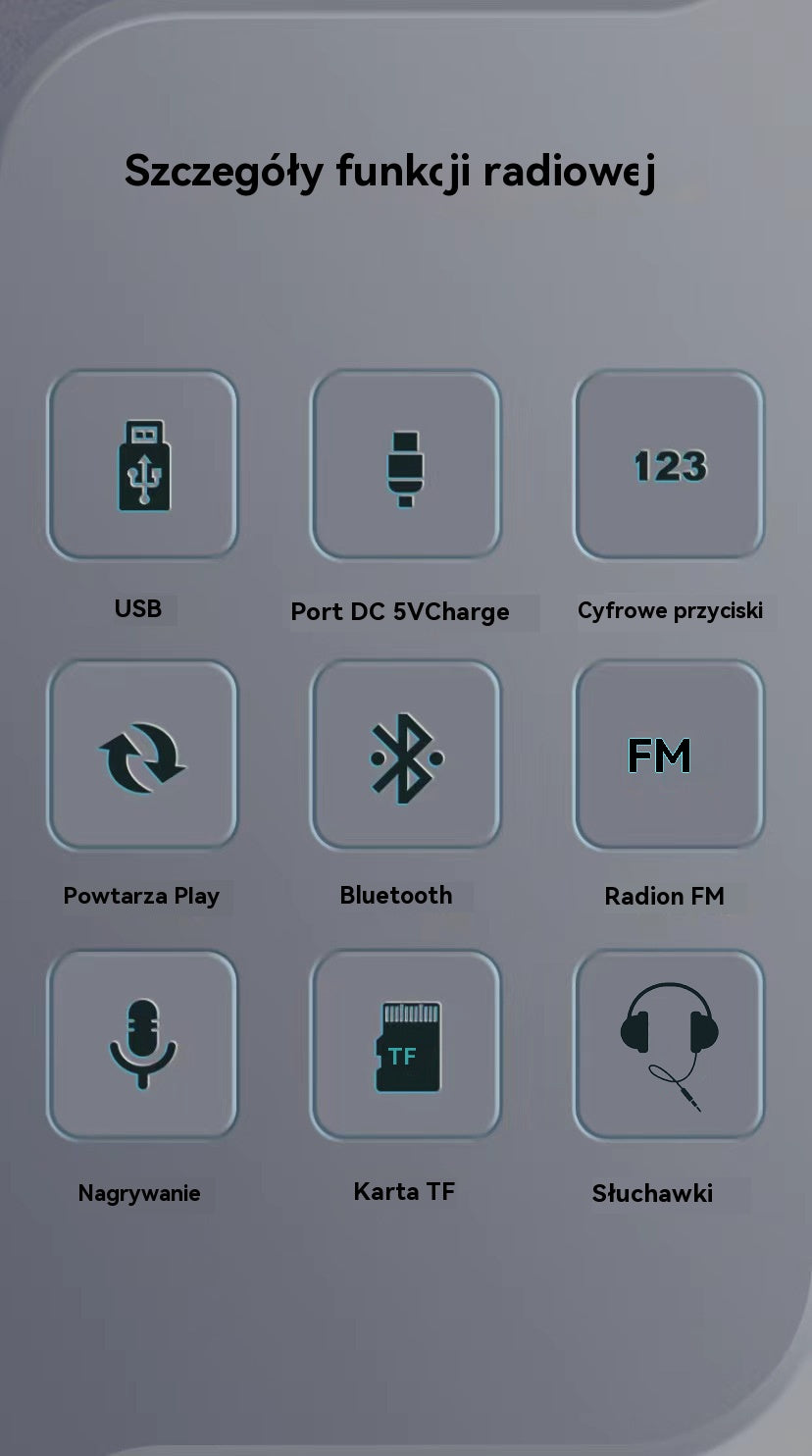 Radio Bluetooth F21, można włożyć płytę U, przenośny odtwarzacz muzyczny, można włożyć słuchawki, słuchać radia