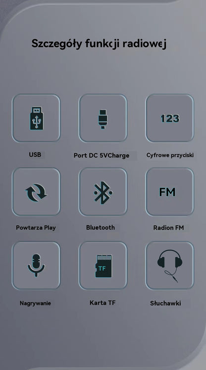 Radio Bluetooth F21, można włożyć płytę U, przenośny odtwarzacz muzyczny, można włożyć słuchawki, słuchać radia