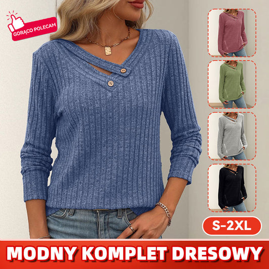 🔥【S-2XL】Nowy model 2026 damski jednokolorowy sweter z długim rękawem, dekolt V, zapinany na guziki