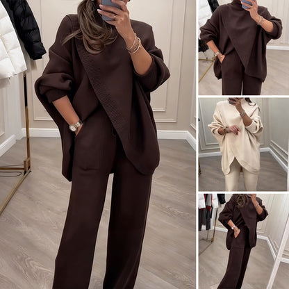 🔥  Nowość! Dwuczęściowy komplet damski – asymetryczny sweter + spodnie z szerokimi nogawkami, luźny krój, miękki materiał, superwygodny👚 Darmowa wysyłka✨