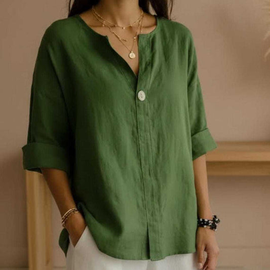 👚 【S-5XL】 Nowa damska koszula z dekoltem w serek — mieszanka bawełny i lnu, zapinana na guziki: prosta i elegancka.