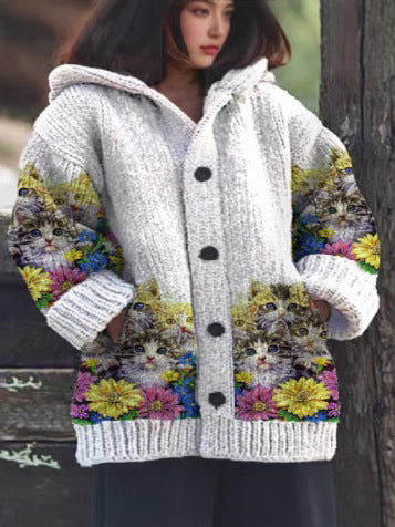 【S~5XL】✨Elegantní retro potisk, silný kardigan s kapucí a fleecovou podšívkou.