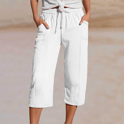 💖👖👖Ženske enobarvne kapri hlače z naborki iz bombaža in lana - hladne in zračne, laskajo obliki nog, elegantne in ležerne