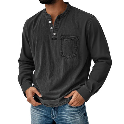 👔🔥Moška jeans srajca z dolgimi rokavi in V-izrezom, z žepom