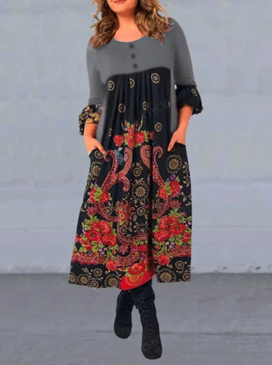 【S-5XL】👗2024 nowa, jesienna i zimowa sukienka na co dzień z długimi rękawami i nadrukiem w stylu retro