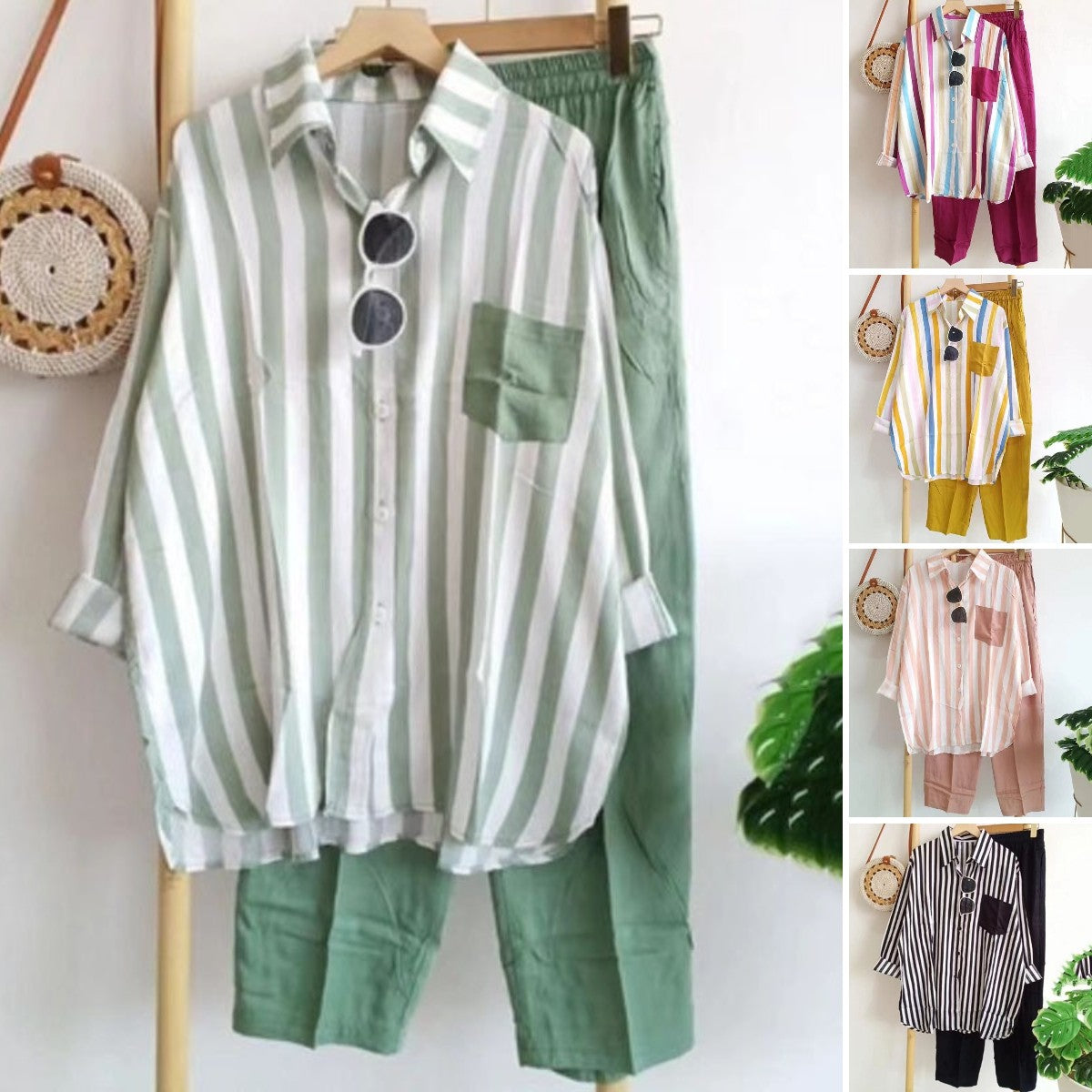 🔥🌸【S-5XL】Nowy wiosenny komplet w paski, dwuczęściowy komplet z długimi rękawami i spodniami.
