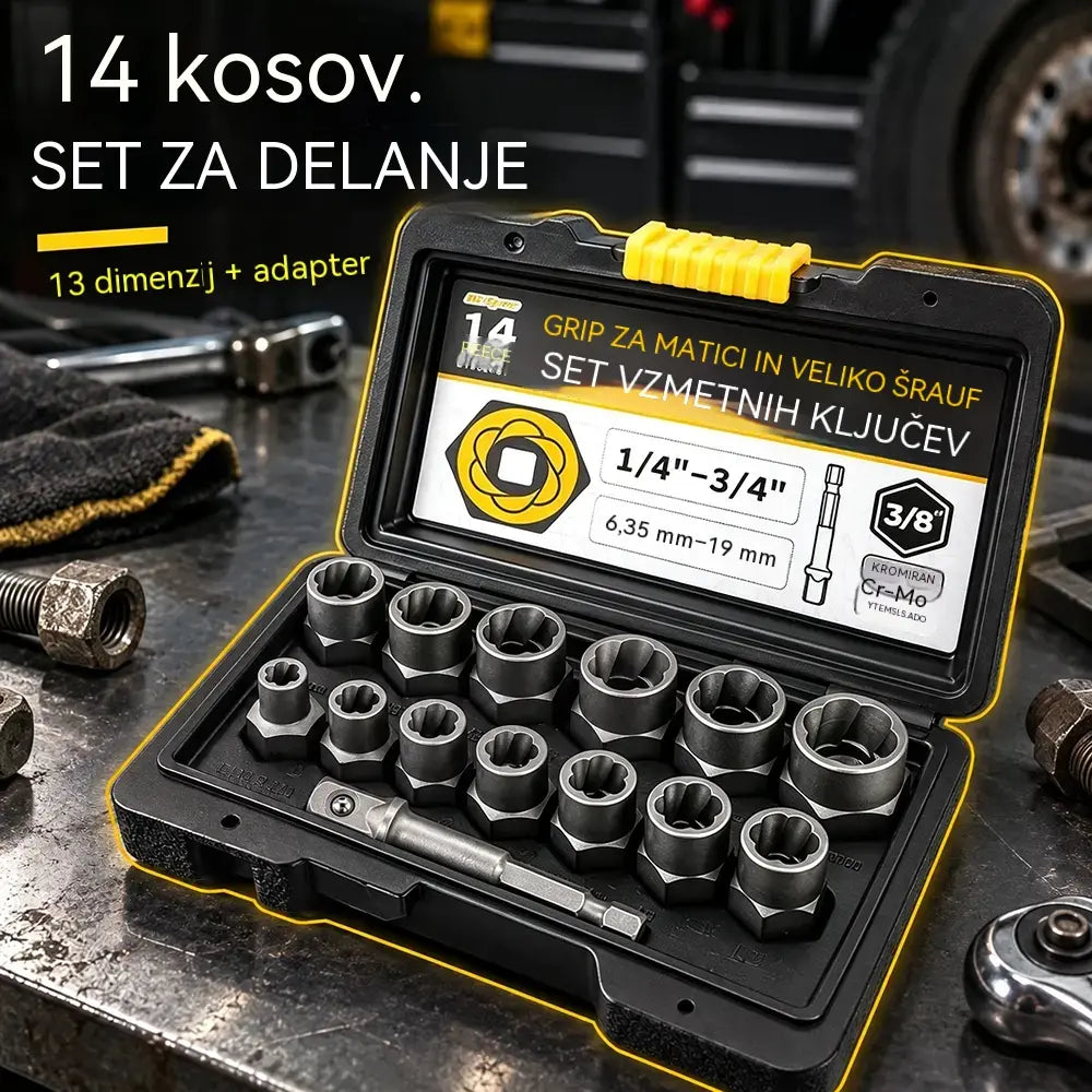 🔧 14-delni komplet nastavkov za odstranjevanje poškodovanih matic in vijakov | Nastavki s protizdrsno zasnovo za zarjavele, poškodovane ali obrabljene pritrdilne elemente