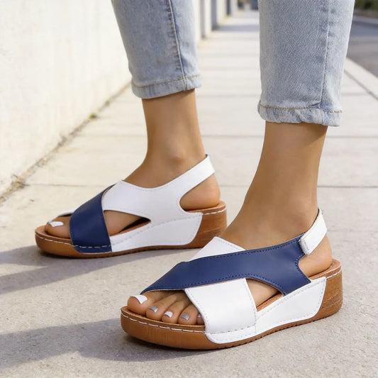 【36-43】 Sandalias de cuña en contraste para mujer Sandalias cómodas con tira en el tobillo