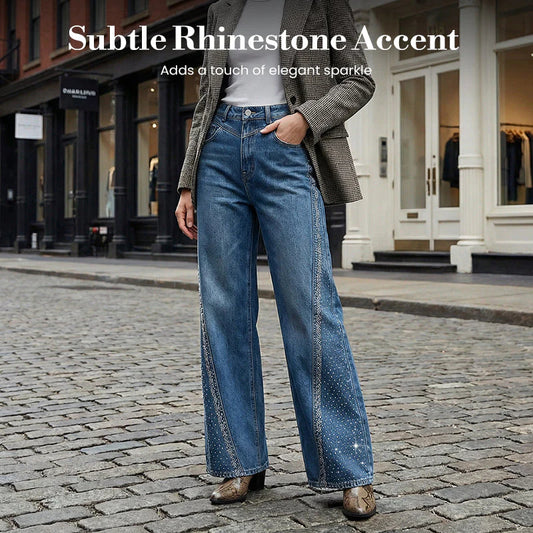 🌼【Specjalna oferta wiosenna】✨Damskie jeansy z szerokimi nogawkami i ćwiekami ze strasu