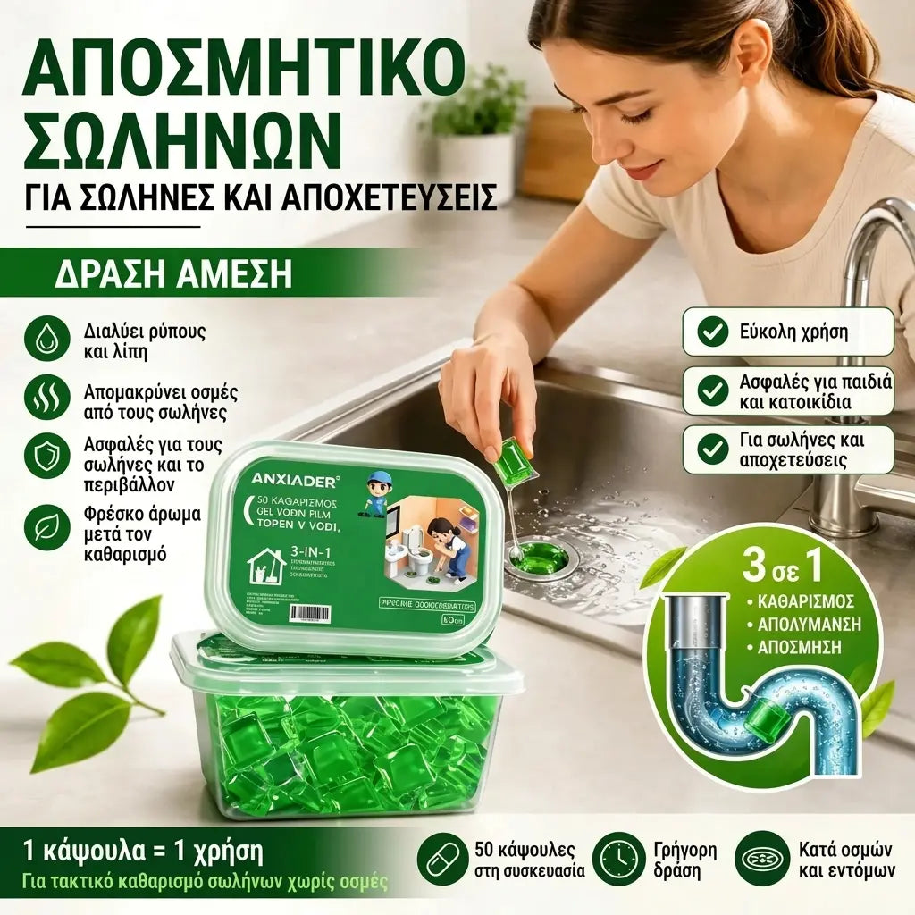 2 συσκευασίες (100 ταμπλέτες) προς 31€. Υδατοδιαλυτές κάψουλες για την εξάλειψη των δυσάρεστων οσμών από τις αποχετεύσεις – η ιδανική λύση για την πρόληψη της εξάπλωσης οσμών σε μπάνια και κουζίνες.