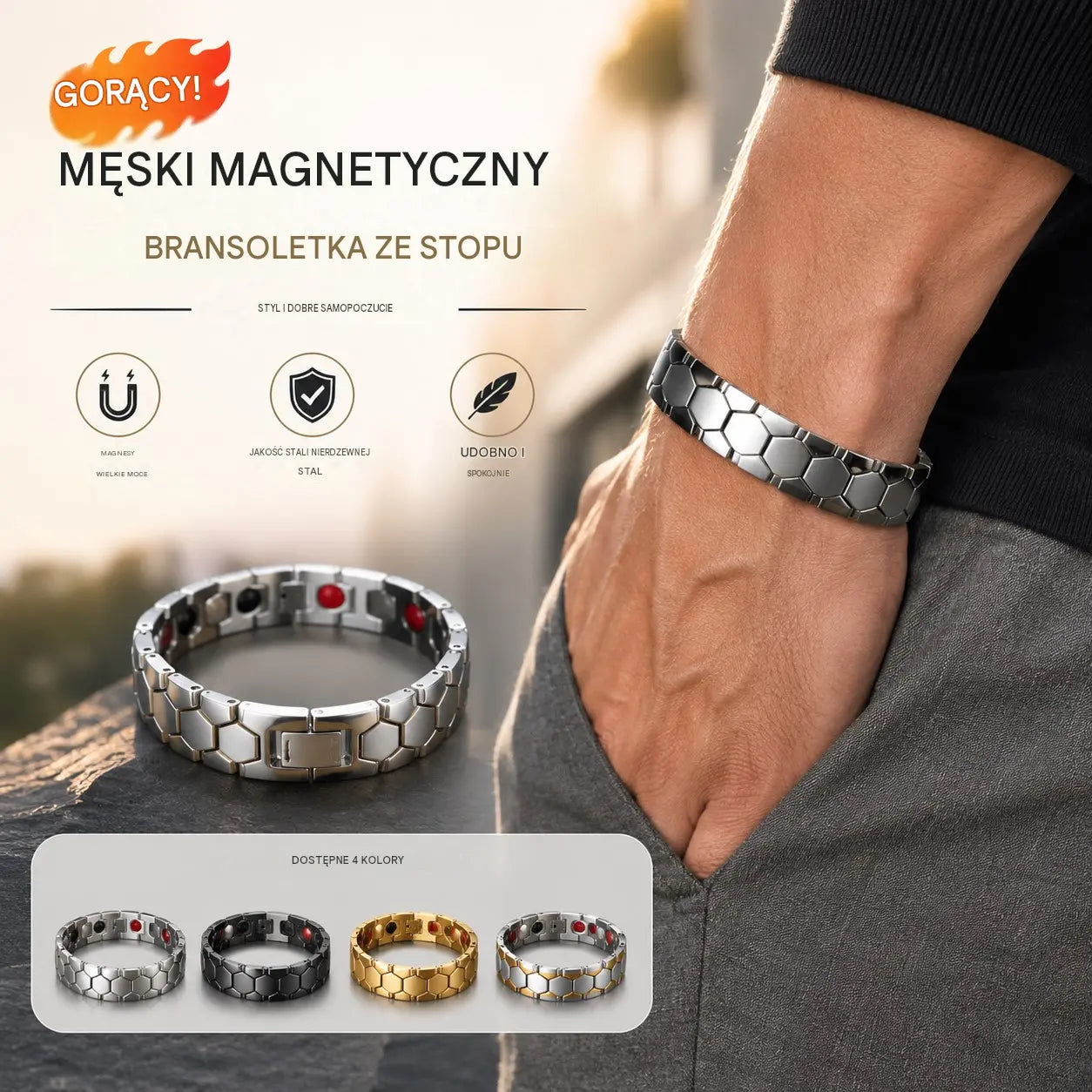 ✨ Męska magnetyczna bransoletka ze stopu + sześciokątny wzór - odpinana magnetyczna bransoletka - płatność przy odbiorze