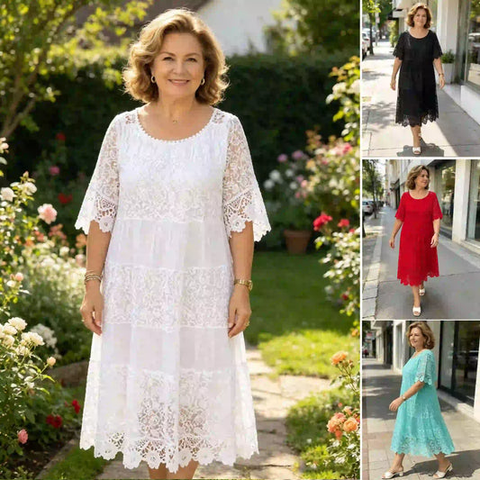 🔥【50% POPUST】✨✨✨【S-5XL】2026Nova obleka s kratkimi rokavi, okroglim izrezom in čipko.