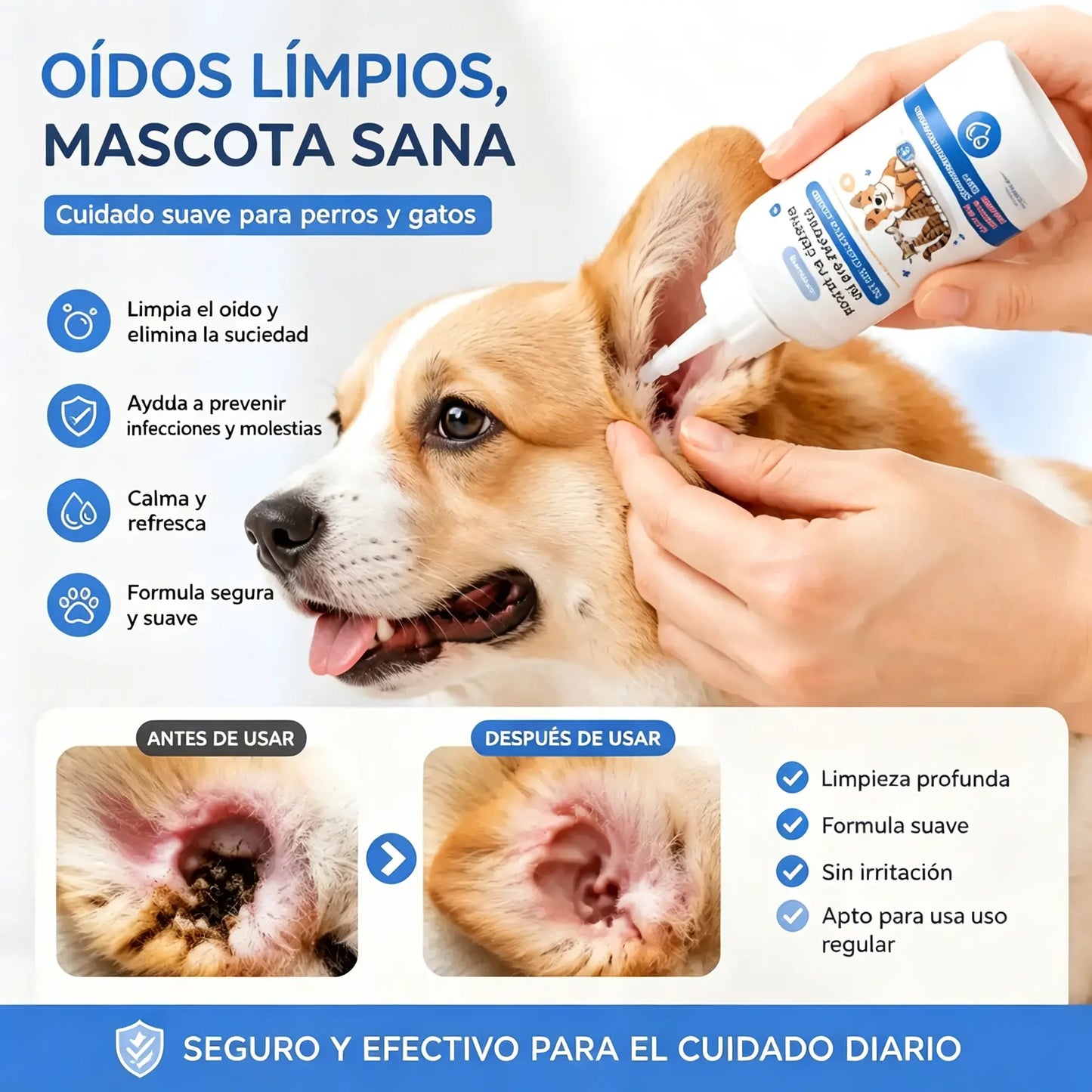 🐶🐱 Limpiador de oídos para aliviar la picazón en los oídos de perros y gatos.
