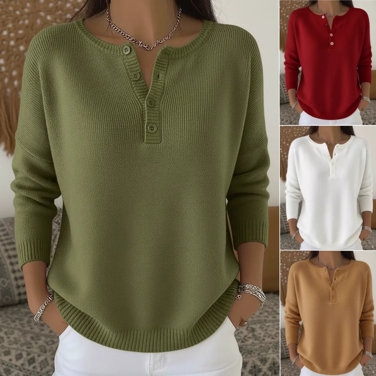 💟 ✨【S-2XL】Damski jednokolorowy sweter z dekoltem V, luźny i casualowy