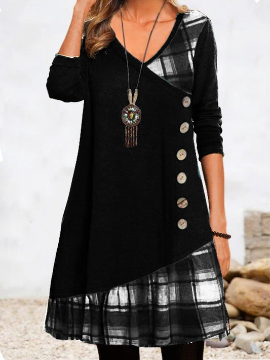 💟【Nowość na jesień i zimę】👗【S-3XL】Nowa elegancka sukienka w kratkę z dekoltem w szpic i długimi rękawami na
