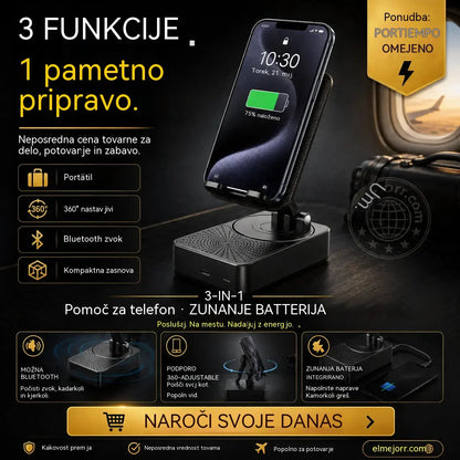 🔥 3 v 1: Bluetooth zvočnik + polnilnik + 360° stojalo za telefon 📱🔊⚡