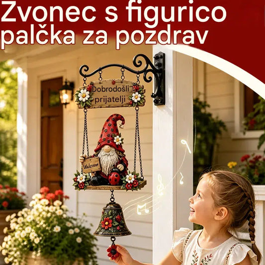 Zvonec dobrodošlice z vrtnim palčkom, ploščica "Dobrodošli", retro bronasti zvonec, železni stenski nosilec, dekoracija za dvorišče in teraso