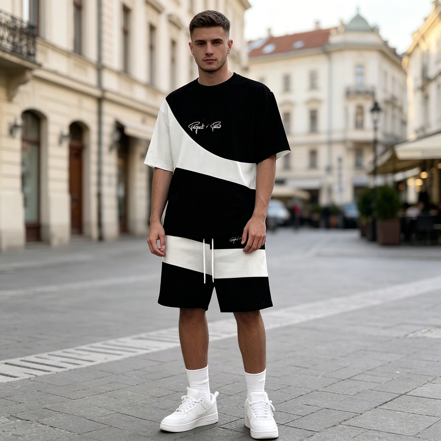 【S-6XL】Nowy męski dres składa się z koszulki i spodenek. Jest prosty, stylowy, wygodny i przewiewny, nadaje się do pracy, biegania i fitnessu.