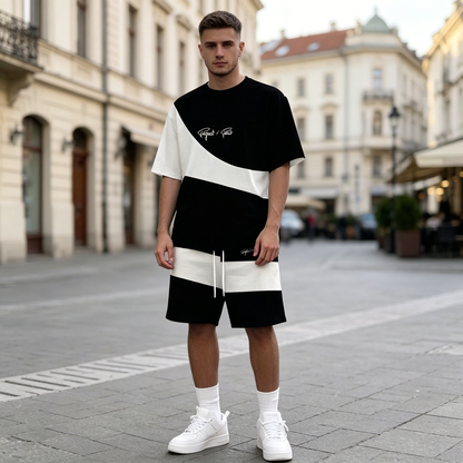 【S-6XL】Nowy męski dres składa się z koszulki i spodenek. Jest prosty, stylowy, wygodny i przewiewny, nadaje się do pracy, biegania i fitnessu.