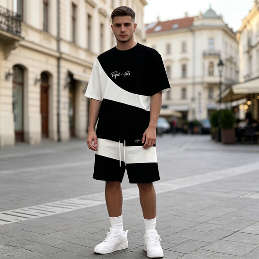 【S-6XL】Nowy męski dres składa się z koszulki i spodenek. Jest prosty, stylowy, wygodny i przewiewny, nadaje się do pracy, biegania i fitnessu.