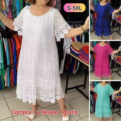 🔥【50% POPUST】✨✨✨【S-5XL】2026Nova obleka s kratkimi rokavi, okroglim izrezom in čipko.