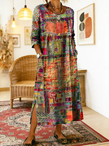 ✨ Zadnji dan 50% popusta!【S-5XL】Poletna retro obleka z okroglim izrezom in potiskom, lahka in zračna, oprijeta in enostavna za kombiniranje.
