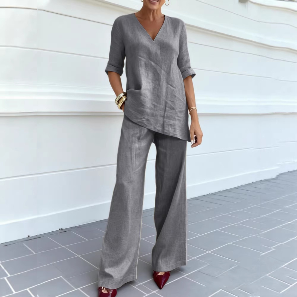 ❤️ 💥【40-100kg】2026 Bawełniano-lniany top w jednolitym kolorze z krótkimi rękawami, dekoltem w serek + proste spodnie casualowe ✅️Płatność przy odbiorze