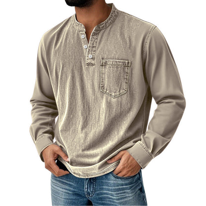 👔🔥Moška jeans srajca z dolgimi rokavi in V-izrezom, z žepom
