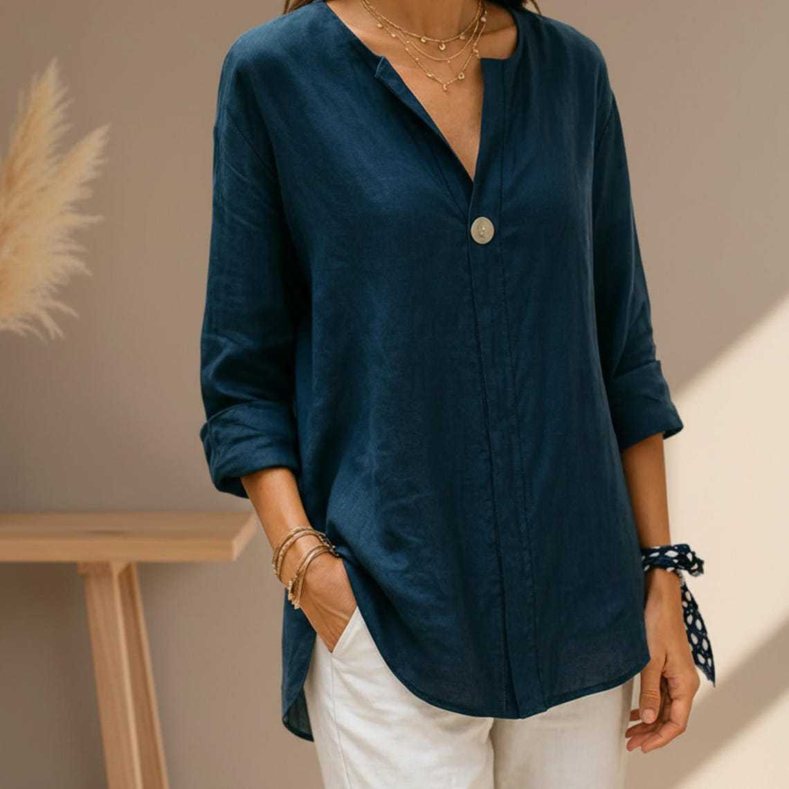 👚 【S-5XL】 Nowa damska koszula z dekoltem w serek — mieszanka bawełny i lnu, zapinana na guziki: prosta i elegancka.