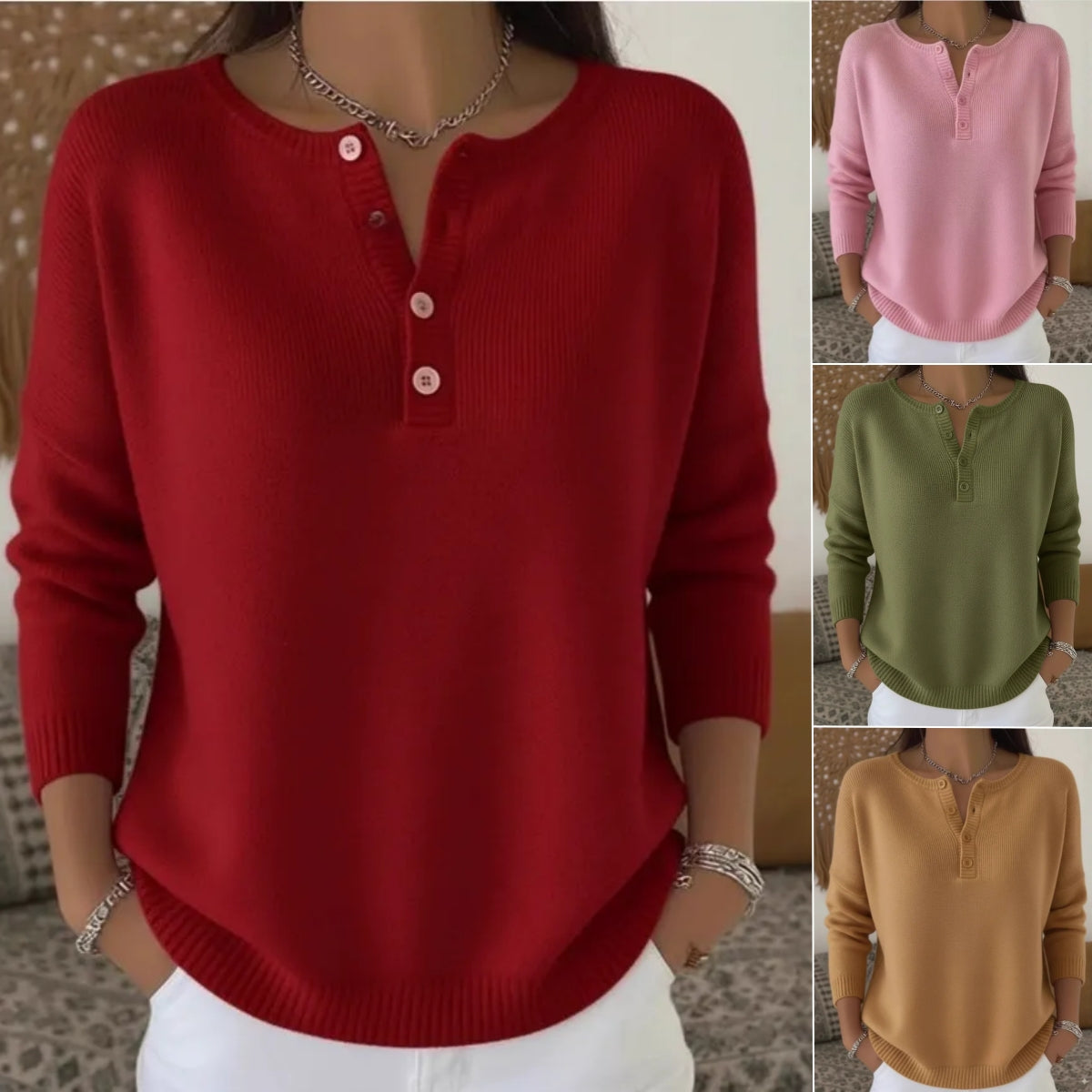 💟 ✨【S-2XL】Damski jednokolorowy sweter z dekoltem V, luźny i casualowy